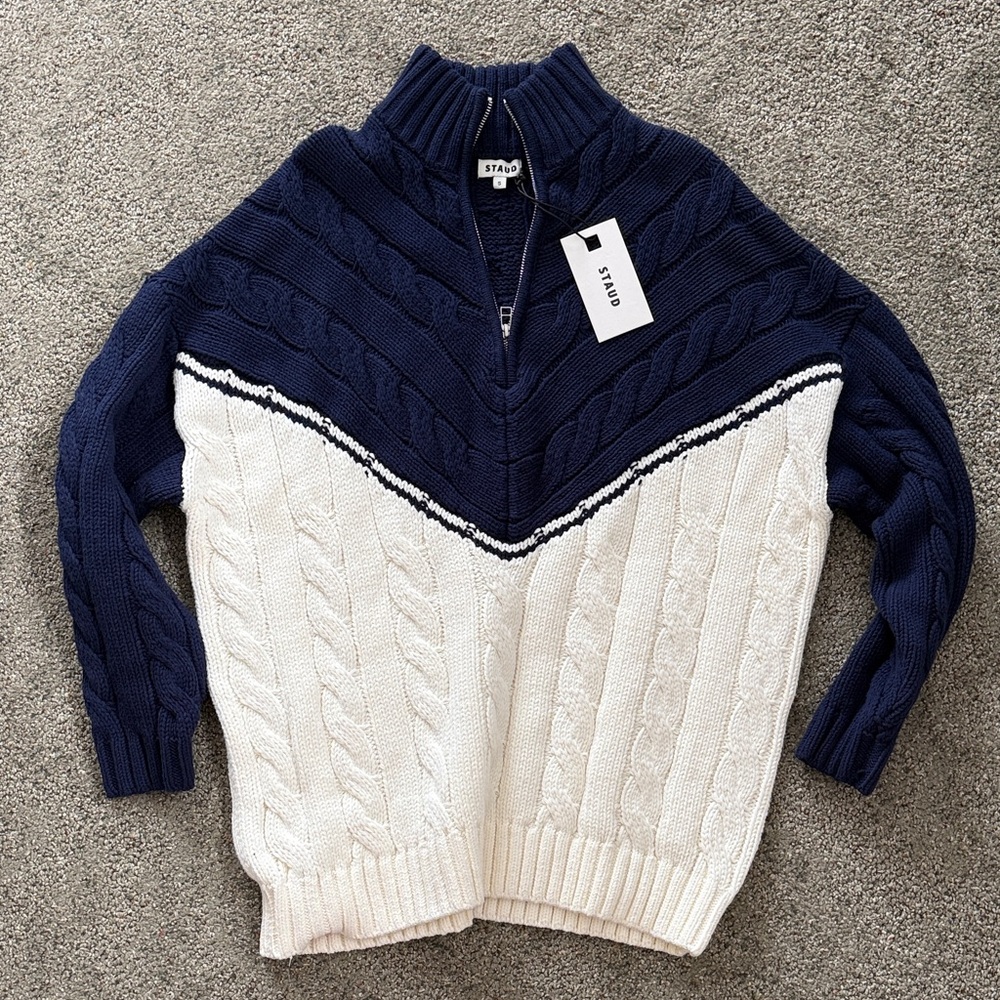 NWT STAUD Hampton Half Zip Cable Tunic Sweater, navy and white sz s